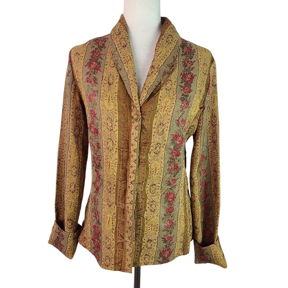 Thalian Yellow Rose Green Met Floral Hidden Buttons Vintage Top Blouse Shirt S